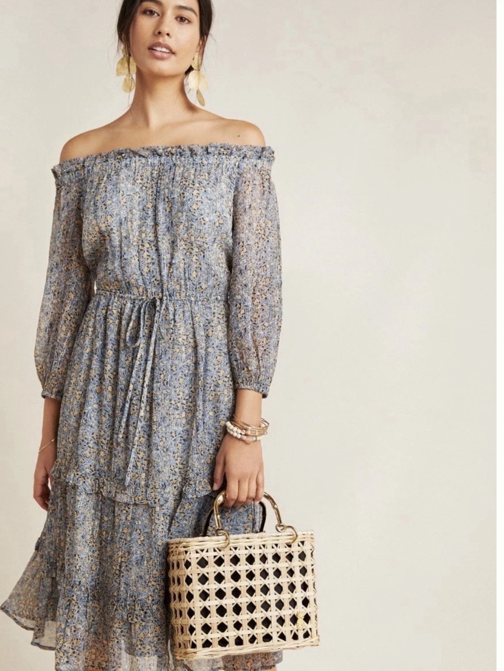 Anthropologie Kira Off-the-Shoulder-SZ 6-Blue Shimmer Peasant Dress Stretchy$198 - Picture 2 of 14